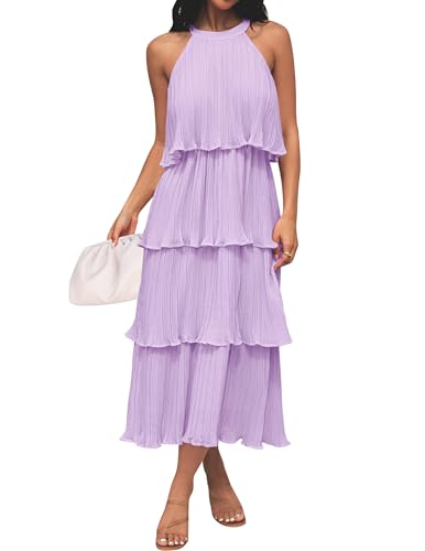 ZESICA Damen 2024 Sommer Ärmellos Neckholder Rüschen Tiered Layered Chiffon Flowy Swing Lange Midi Kleid, Violett, Mittel von ZESICA