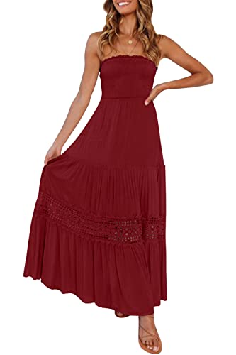 ZESICA Damen 2024 Sommer Bohemian Trägerlos Schulterfrei Spitze Trim Rückenfrei Flowy A Linie Strand Lange Maxi Kleid, Rot/Ausflug, einfarbig (Getaway Solids), Klein von ZESICA