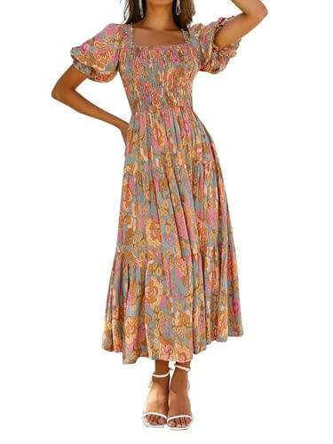 ZESICA Maxikleid für Damen, Sommer, Boho, Blumendruck, quadratischer Ausschnitt, Rüschen, Swing, Strand, langes Maxikleid, Graugrün, Groß ZESICA Maxikleid für Damen, Sommer, Boho, Blumendruck, quadratischer Ausschnitt, Rüschen, Swing, Strand, langes Maxikleid, Graugrün, Groß von ZESICA