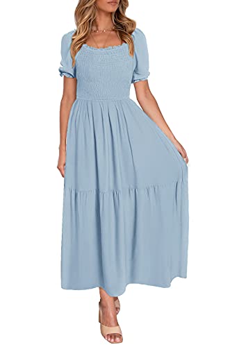 ZESICA Damen 2024 Sommer Boho Blumendruck Quadratischer Ausschnitt Rüschen Swing Strand Langes Maxikleid, Hellblau, Mittel von ZESICA