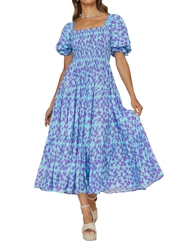 ZESICA Damen 2024 Sommer Boho Blumendruck Quadratischer Ausschnitt Rüschen Swing Strand Langes Maxikleid Kleider Sommerkleidung, Blauviolett, Mittel von ZESICA
