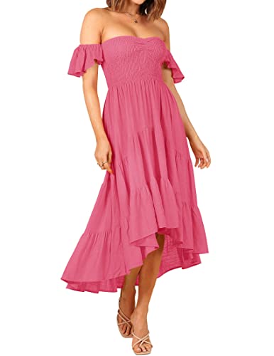 ZESICA Damen 2024 Sommer Boho Schulterfrei Kurzarm Gesmokte Rüschen Swing High Low Meerjungfrau Cocktail Party Kleid, hot pink, Groß von ZESICA