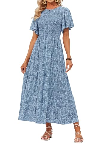 ZESICA Damen 2024 Sommer Casual Blumendruck Kurze Flatterärmel Rundhalsausschnitt Gesmokt Hohe Taille Flowy Maxi Kleid, Blau, Groß von ZESICA