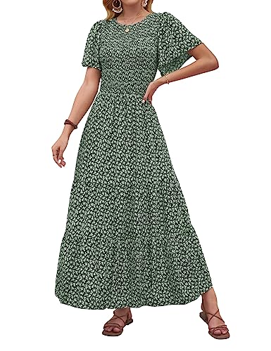 ZESICA Damen 2024 Sommer Casual Blumendruck Kurze Flatterärmel Rundhalsausschnitt Gesmokt Hohe Taille Flowy Maxi Kleid, Dunkelgrün, XX-Large von ZESICA