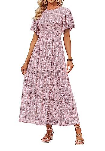 ZESICA Damen 2024 Sommer Casual Blumendruck Kurze Flatterärmel Rundhalsausschnitt Gesmokt Hohe Taille Flowy Maxi Kleid, Dunkelrosa, Groß von ZESICA