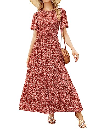 ZESICA Damen 2024 Sommer Casual Blumendruck Kurze Flatterärmel Rundhalsausschnitt Gesmokt Hohe Taille Flowy Maxi Kleid, Rotorange, Groß von ZESICA