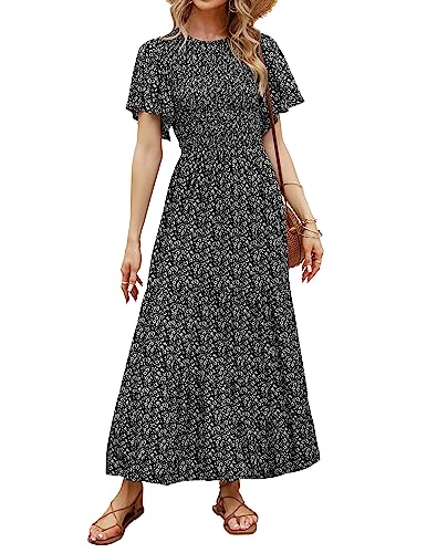 ZESICA Damen 2024 Sommer Casual Blumendruck Kurze Flatterärmel Rundhalsausschnitt Gesmokt Hohe Taille Flowy Maxi Kleid, Schwarz, X-Groß von ZESICA