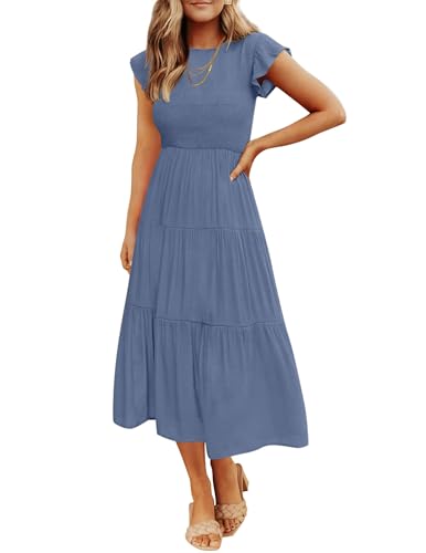 ZESICA Damen 2024 Sommer Casual Flattern Kurzarm Rundhalsausschnitt gesmokte elastische Taille gestuftes Midikleid, Dusty Blue, X-Groß von ZESICA