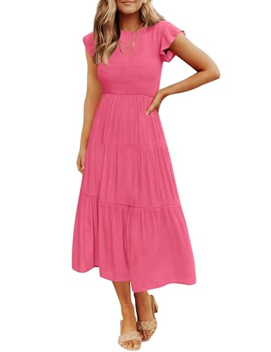 ZESICA Damen 2024 Sommer Casual Flattern Kurzarm Rundhalsausschnitt gesmokte elastische Taille gestuftes Midikleid, Knallpink (Hot Pink), Mittel von ZESICA