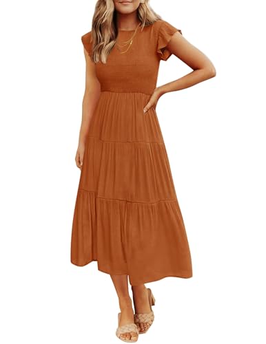 ZESICA Damen 2024 Sommer Casual Flattern Kurzarm Rundhalsausschnitt gesmokte elastische Taille gestuftes Midikleid, Orange/Abendrot im Zickzackmuster (Sunset Chevron), Mittel von ZESICA
