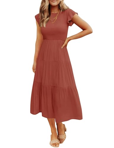 ZESICA Damen 2024 Sommer Casual Flattern Kurzarm Rundhalsausschnitt gesmokte elastische Taille gestuftes Midikleid, Rost, Groß von ZESICA