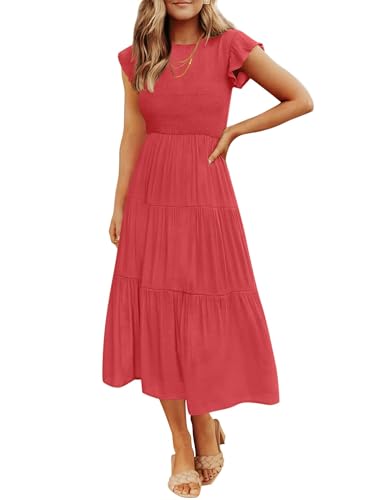 ZESICA Damen 2024 Sommer Casual Flattern Kurzarm Rundhalsausschnitt gesmokte elastische Taille gestuftes Midikleid, Wassermeloniert, Mittel von ZESICA