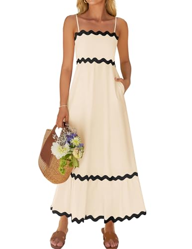 ZESICA Damen 2024 Sommer Spaghettiträger Ärmellos Rückenfrei Sommerkleid Flowy gesmokte Spitze Swing A Linie Midikleid, Aprikose, Mittel von ZESICA