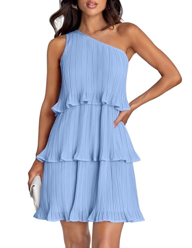 ZESICA Damen 2024 Sommer ärmelloses Minikleid Boho One Shoulder Rüschen gestuft geschichtet Chiffon fließende A-Linie Kleider, Hellblau, Klein von ZESICA