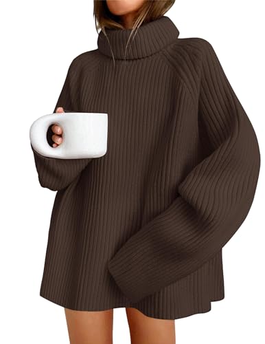ZESICA Damen 2025 Herbst Winter Pullover Oversized Rollkragen Langarm Grobstrick Pullover Sweater Pullover Tops, Kaffee, Mittel von ZESICA