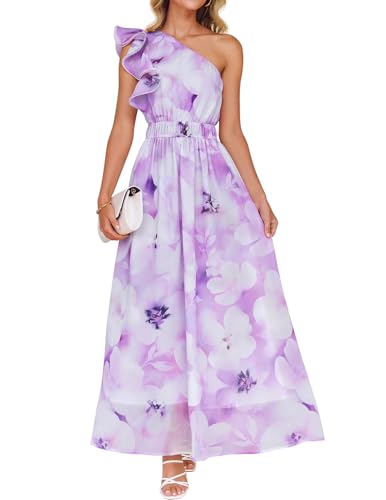 ZESICA Damen 2025 Boho Floral Ärmellos Maxikleid Rüschen Eine Schulter Elatsic Hohe Taille Strand Party Lange Kleider, Violett, Mittel von ZESICA