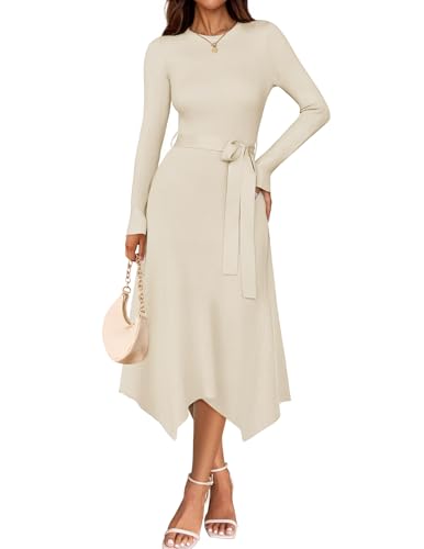 ZESICA Damen 2025 Herbst Langarm Rundhalsausschnitt Rippstrick Hohe Taille Midi Pulloverkleider mit Gürtel, Elfenbein, X-Groß von ZESICA