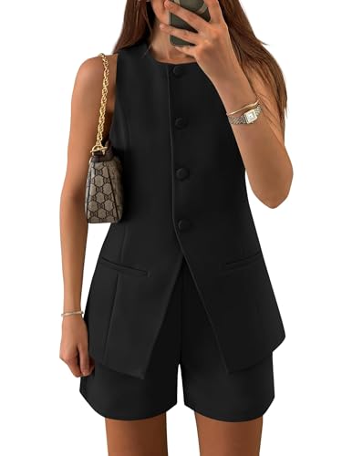 ZESICA Damen 2025 Sommer 2 Stück Kurze Sets Ärmellos Rundhals Anzug Weste Tops Hohe Taille Shorts Business Outfits, Schwarz, Klein von ZESICA