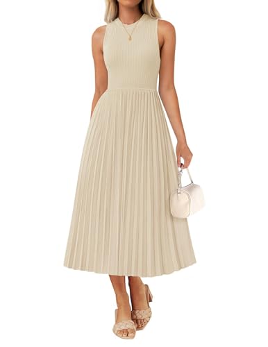 ZESICA Damen 2025 Sommer Ärmellos Midi-Kleider Casual Rundhalsausschnitt Rippstrick Plissee A-Linie Swing Langes Partykleid, Aprikose, Klein von ZESICA