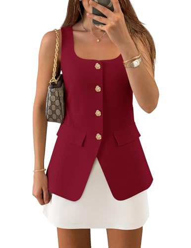 ZESICA Damen 2025 Sommer Casual Ärmellos Anzugweste Quadratischer Ausschnitt Knopfleiste Arbeit Business Blazer Westen Weste, Dunkelrot, Large von ZESICA