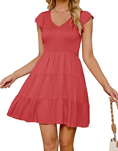 ZESICA Damen 2025 Sommer Casual V-Ausschnitt Flatterärmel Bohemian Rüschen gesmoktes A-Linie Swing Minikleid, Wassermelone, Klein von ZESICA