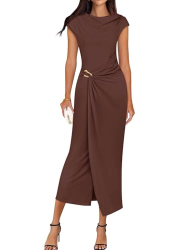 ZESICA Damen 2025 Sommer Mock Neck Casual Bodycon Kleid Flügelärmel Elegant Cocktail Party Lange Midikleider, Braun, Mittel von ZESICA