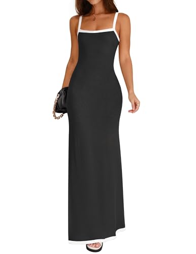 ZESICA Damen 2025 Sommer Spaghettiträger Maxikleid Ärmellos Quadratischer Ausschnitt Leicht Lange Strandkleider, Schwarz, Groß von ZESICA