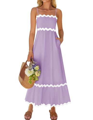 ZESICA Damen 2025 Sommer Spaghettiträger ärmellos rückenfrei Sommerkleid fließend gesmokte Spitze Swing A-Linie Midikleid, Helles Violett, Groß von ZESICA
