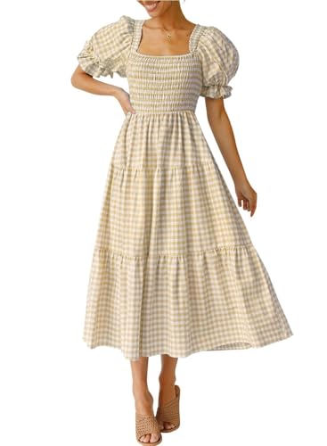 ZESICA Damen Bohemian Sommer Plaid Square Neck Bubble Sleeve Ruffle Flowy Beach Midi Dress, beige, X-Groß von ZESICA