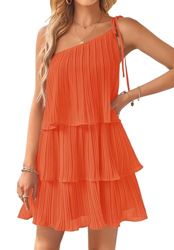 ZESICA Damen Boho Sommer One Shoulder Ärmellos Rüschen Gestuft Layered Chiffon Plissee A Linie Flowy Minikleid, Orange/Abendrot im Zickzackmuster (Sunset Chevron), Klein von ZESICA