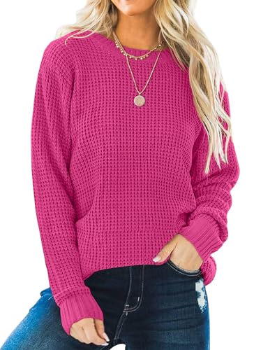 ZESICA Damen Casual Langarm Waffelstrick Solid Loose Pullover Pullover Pullover Top, rose, Groß von ZESICA