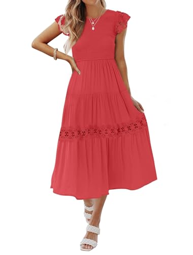 ZESICA Damen Casual Rundhalsausschnitt Spitzenärmel gesmokte hohe Taille ausgehöhlter Besatz gestufte A-Linie Midikleid, Watermelon, Klein von ZESICA