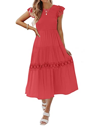 ZESICA Damen Casual Rundhalsausschnitt Spitzenärmel gesmokte hohe Taille ausgehöhlter Besatz gestufte A-Linie Midikleid, Watermelon, Mittel von ZESICA