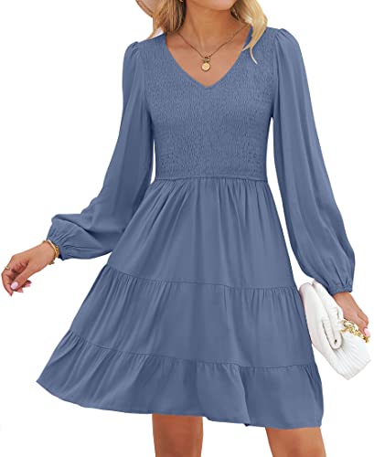 ZESICA Damen Casual V Ausschnitt Langarm Gesmokte Hohe Taille Rüschen A Linie Gestuftes Minikleid, Dustyblue, Groß von ZESICA