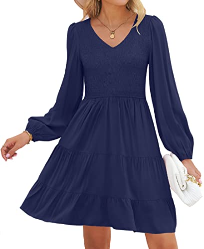 ZESICA Damen Casual V-Ausschnitt Rüschen Langarm Mini Kleid, marineblau, Large von ZESICA