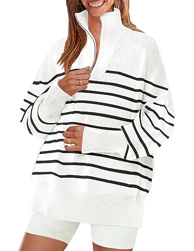 ZESICA Damen Gestreifter 1/4 Reißverschluss Pullover 2023 Langarm Rippstrick Lose Oversized Chunky Pullover Pullover Pullover Tops, Weiss/opulenter Garten, Mittel von ZESICA