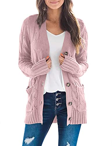 ZESICA Damen Strickjacke Pullover 2025 Herbst Button Down Open Front Zopfmuster Casual Trendy Winter Kleidung Oberbekleidung, Staubypink, Groß von ZESICA