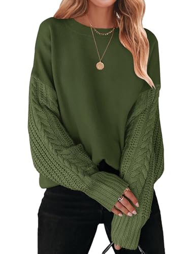 ZESICA Damen Herbst Langarm Rundhals Einfarbig Zopfstrick Grobstrick Casual Oversize Pullover Sweater Tops, Army Grün, Groß von ZESICA