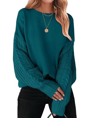 ZESICA Damen Herbst Langarm Rundhals Einfarbig Zopfstrick Grobstrick Casual Oversize Pullover Sweater Tops, Blaugrün/Ein Hauch von Paradies (Trace of Paradise), Mittel von ZESICA