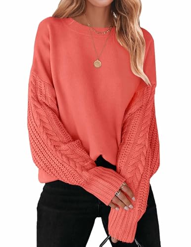 ZESICA Damen Herbst Langarm Rundhals Einfarbig Zopfstrick Grobstrick Casual Oversize Pullover Sweater Tops, Koralle, Groß von ZESICA