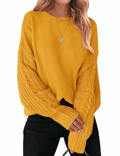 ZESICA Damen-Pullover mit langen Ärmeln, Rundhalsausschnitt, einfarbig, Zopfmuster, grob, lässig, übergroßer Pullover, Senf, Klein von ZESICA