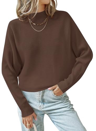 ZESICA Damen Herbst Rollkragen Fledermaus Langarm Rippstrick Casual Soft Pullover Sweater Jumper Top, Kaffee, XX-Large von ZESICA