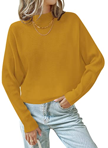 ZESICA Damen Herbst Rollkragen Fledermaus Langarm Rippstrick Casual Soft Pullover Sweater Jumper Top, Senf, Groß von ZESICA