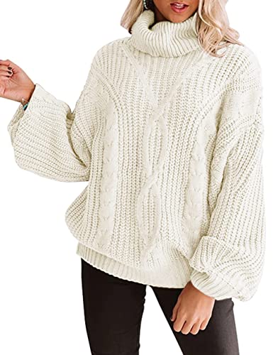 ZESICA Damen Langärmeliger Rollkragenpullover Grobstrick lose Oversize Pullover Pullover Tops - Weiß - X-Groß von ZESICA