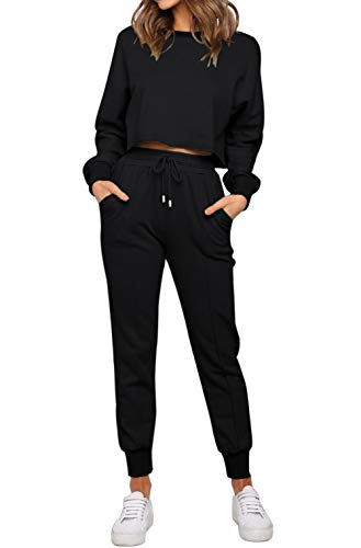 ZESICA Damen Langarm Crop Top und Hose Pyjama Sets 2 Stück Jogger Lange Nachtwäsche Loungewear Pjs Sets, Schwarz, L von ZESICA