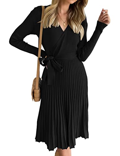 ZESICA Damen Langarm Wrap V Ausschnitt Rippstrick Plissee A Linie Pullover Kleid mit Gürtel, Black, Mittel von ZESICA