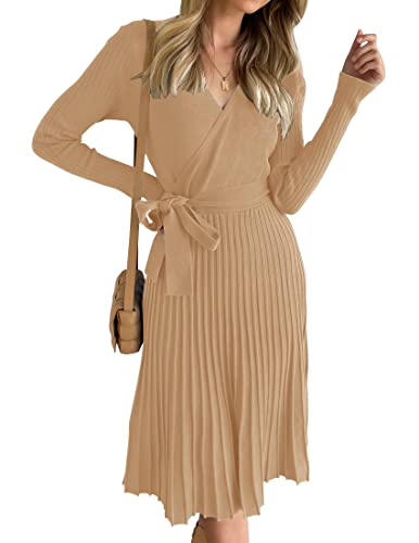 ZESICA Damen Langarm Wrap V Ausschnitt Rippstrick Plissee A Linie Pullover Kleid mit Gürtel, CAMEL, Mittel von ZESICA