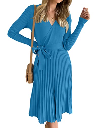 ZESICA Damen Langarm Wrap V Ausschnitt Rippstrick Plissee A Linie Pullover Kleid mit Gürtel, Cobaltblue, Klein von ZESICA