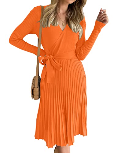 ZESICA Damen Langarm Wrap V Ausschnitt Rippstrick Plissee A Linie Pullover Kleid mit Gürtel, Orange, Groß von ZESICA