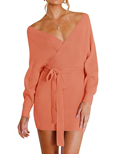 ZESICA Damen Lange Fledermausärmel Wrap V Ausschnitt Strick Rückenfrei Bodycon Pullover Pullover Kleid mit Gürtel, pfirsich, Groß von ZESICA